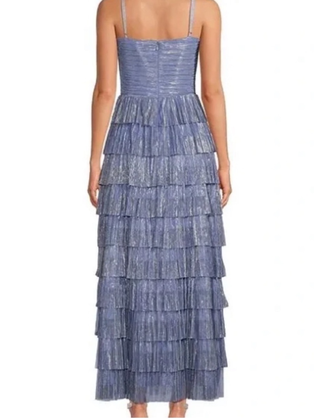 Gianni Bini Grace Metallic Plisse Sweetheart Neck Cut-Out Tiered Dress Chambray - Picture 4 of 15